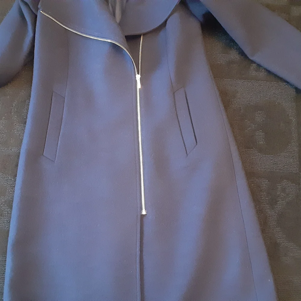 Cole Haan Navy Trench Coat with Asymmetrical Zipper - Picture 4 of 12
